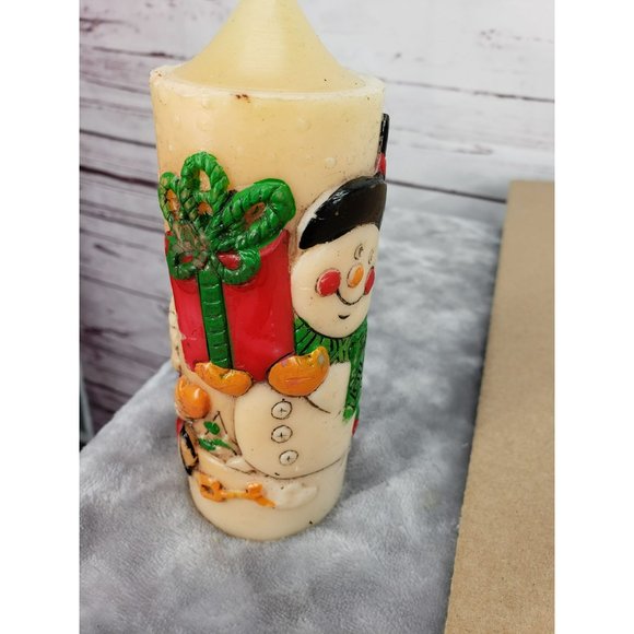 Vintage Snowman Pillar candle detailed little kid christmas present snow trees - Picture 4 of 9
